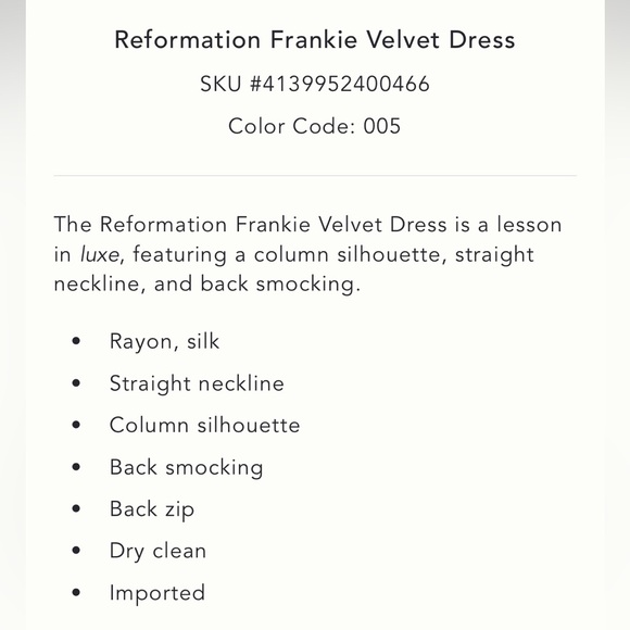 Reformation Frankie Velvet Dress Size 6 NWT - Picture 16 of 16